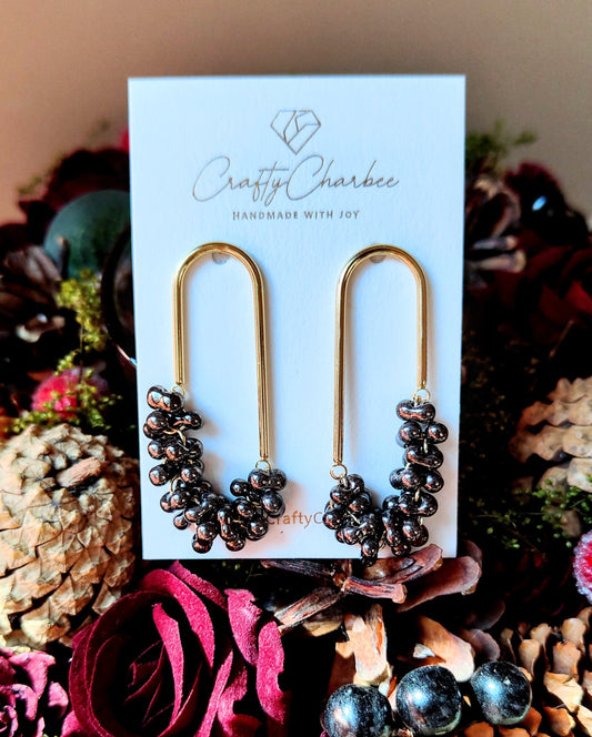 Beaded U Shaped 14K Gold Plated Earrings, Metallic Black Jolly Beads