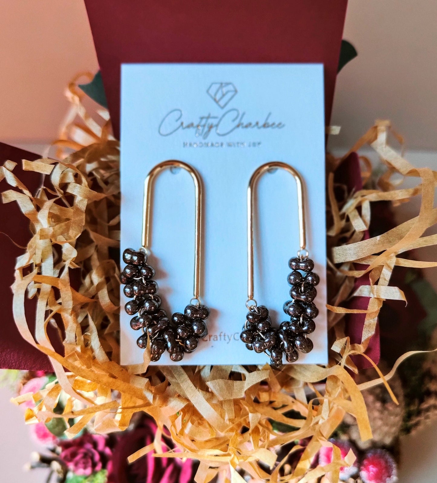 Beaded U Shaped 14K Gold Plated Earrings, Metallic Black Jolly Beads