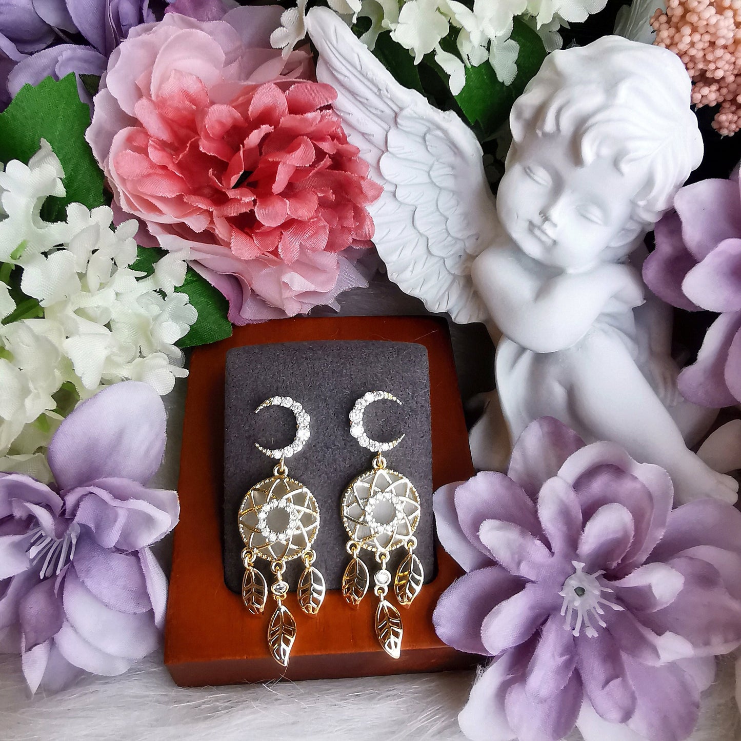 Cat Eye Stone Dream Catcher with Moon Rhinestone S925 Stud Earrings
