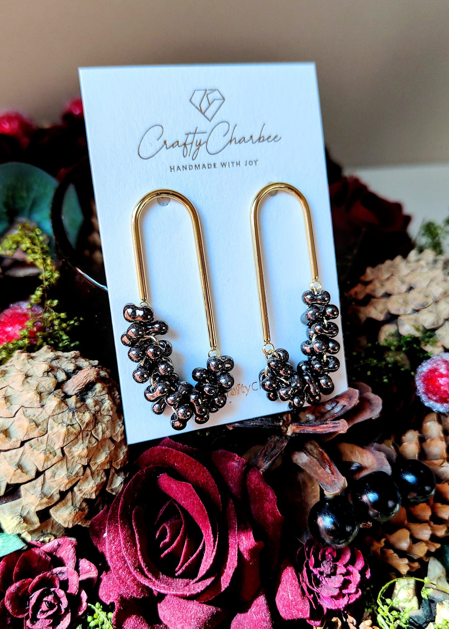 Beaded U Shaped 14K Gold Plated Earrings, Metallic Black Jolly Beads