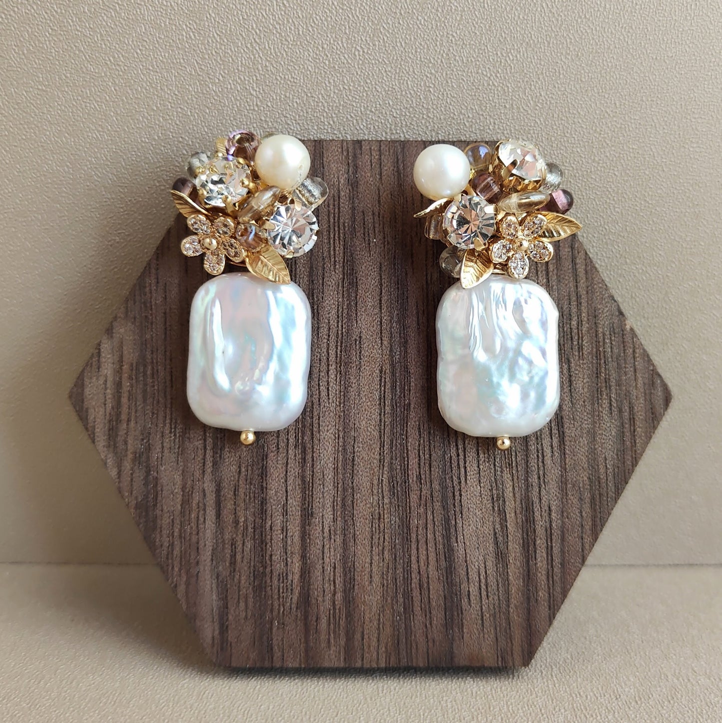 Square-shaped Baroque Pearl with Rhinestones Daisy & Glass Beads S925 Sliver Stud Earrings