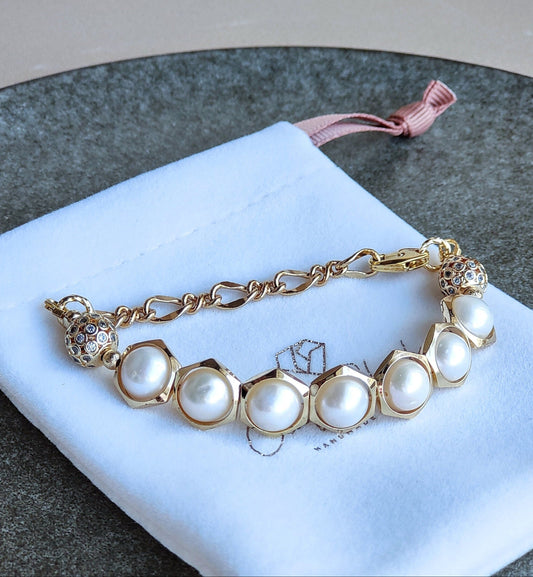 Freshwater Pearl Hexagon Loop 14K Gold Plated Bracelet. June's Birthstone