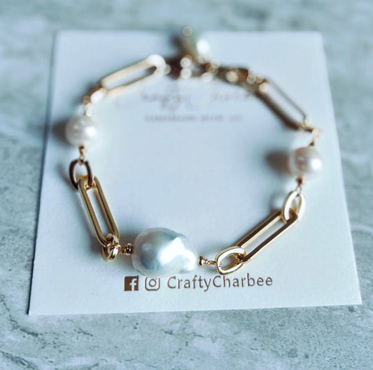 Freshwater Baroque Pearl 14K Gold Plated Bracelet, Natural Pearl