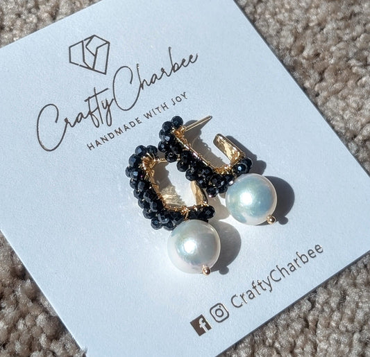 Black Spinel Edison Pearl 14K Gold-Plated Statement Earrings, The Sparkling Halo Collection