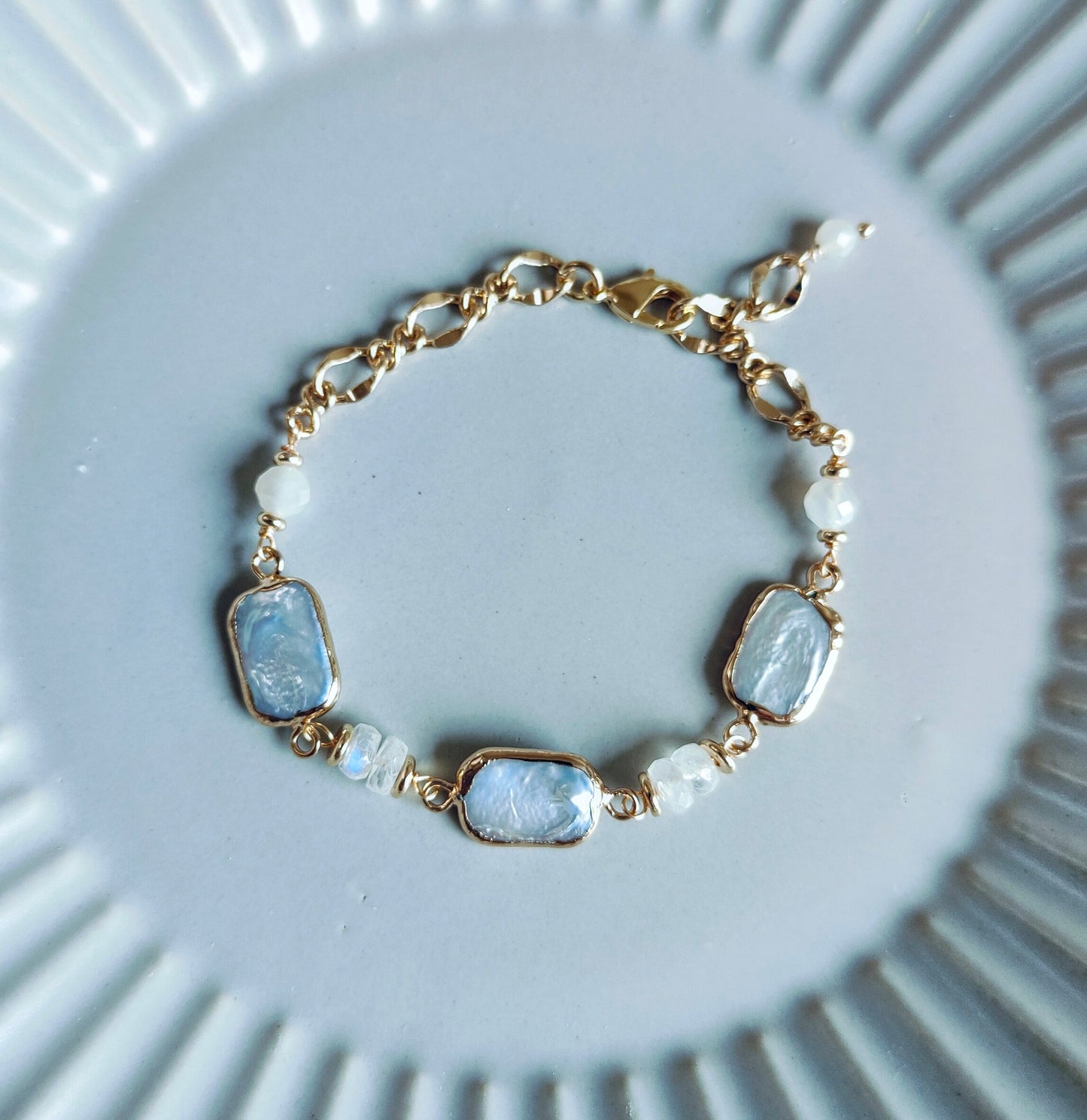 Freshwater Square Flat Coin Pearl 14K Gold Plated Bracelet, Natural Pearl