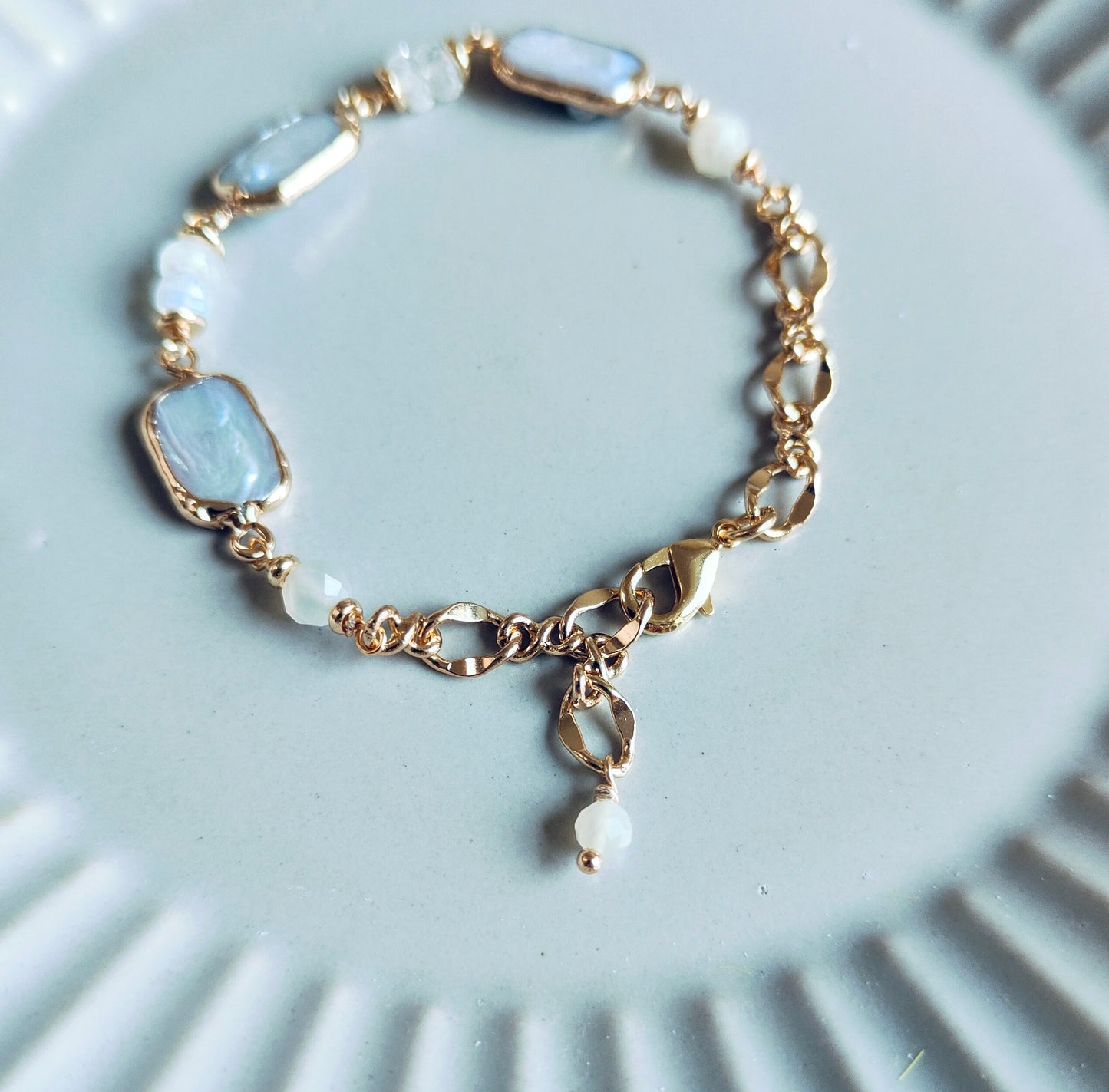 Freshwater Square Flat Coin Pearl 14K Gold Plated Bracelet, Natural Pearl
