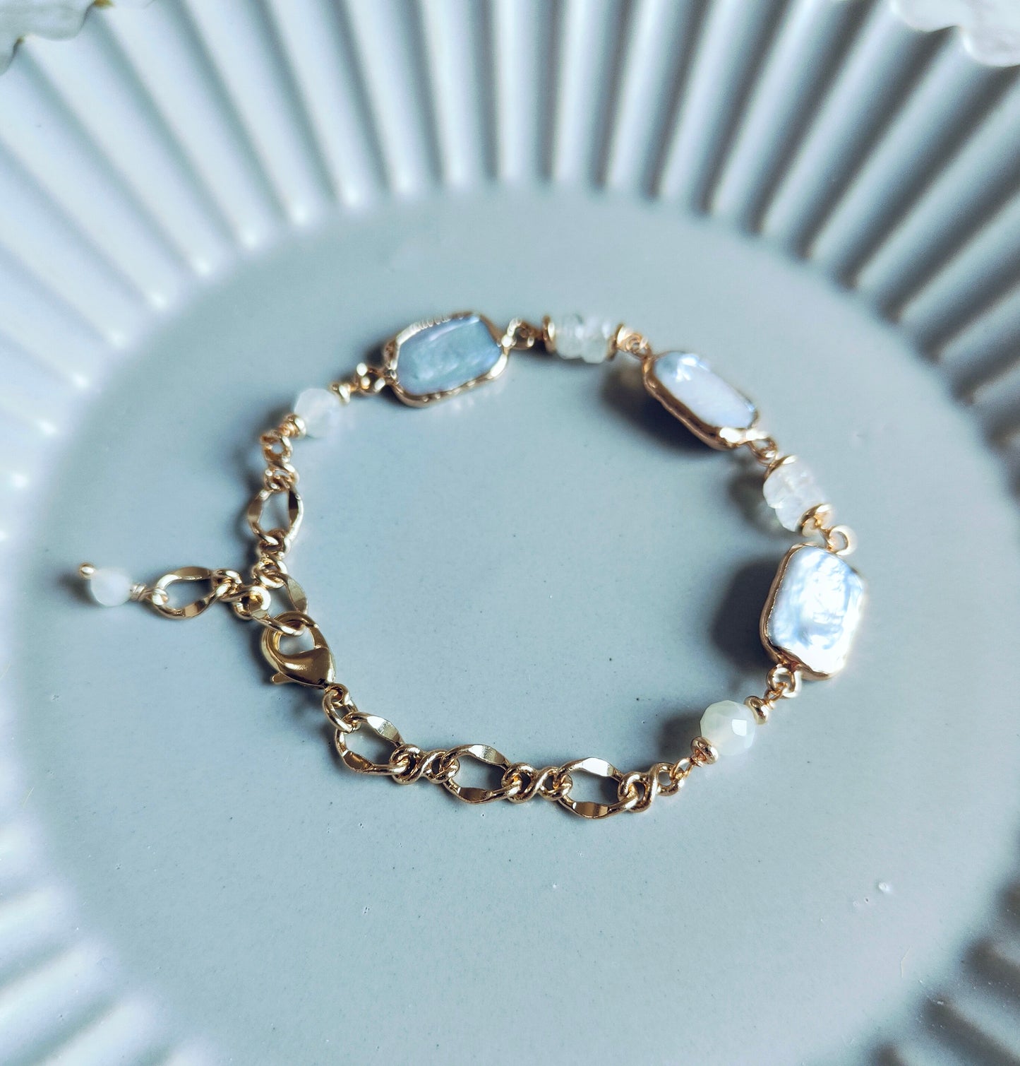 Freshwater Square Flat Coin Pearl 14K Gold Plated Bracelet, Natural Pearl