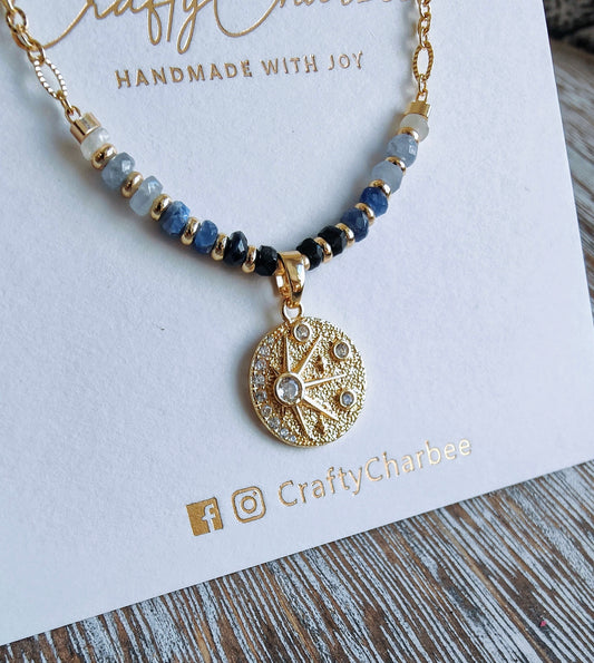 Blue Sapphire 14K Gold Plated Celestial Sun Pendant Necklace