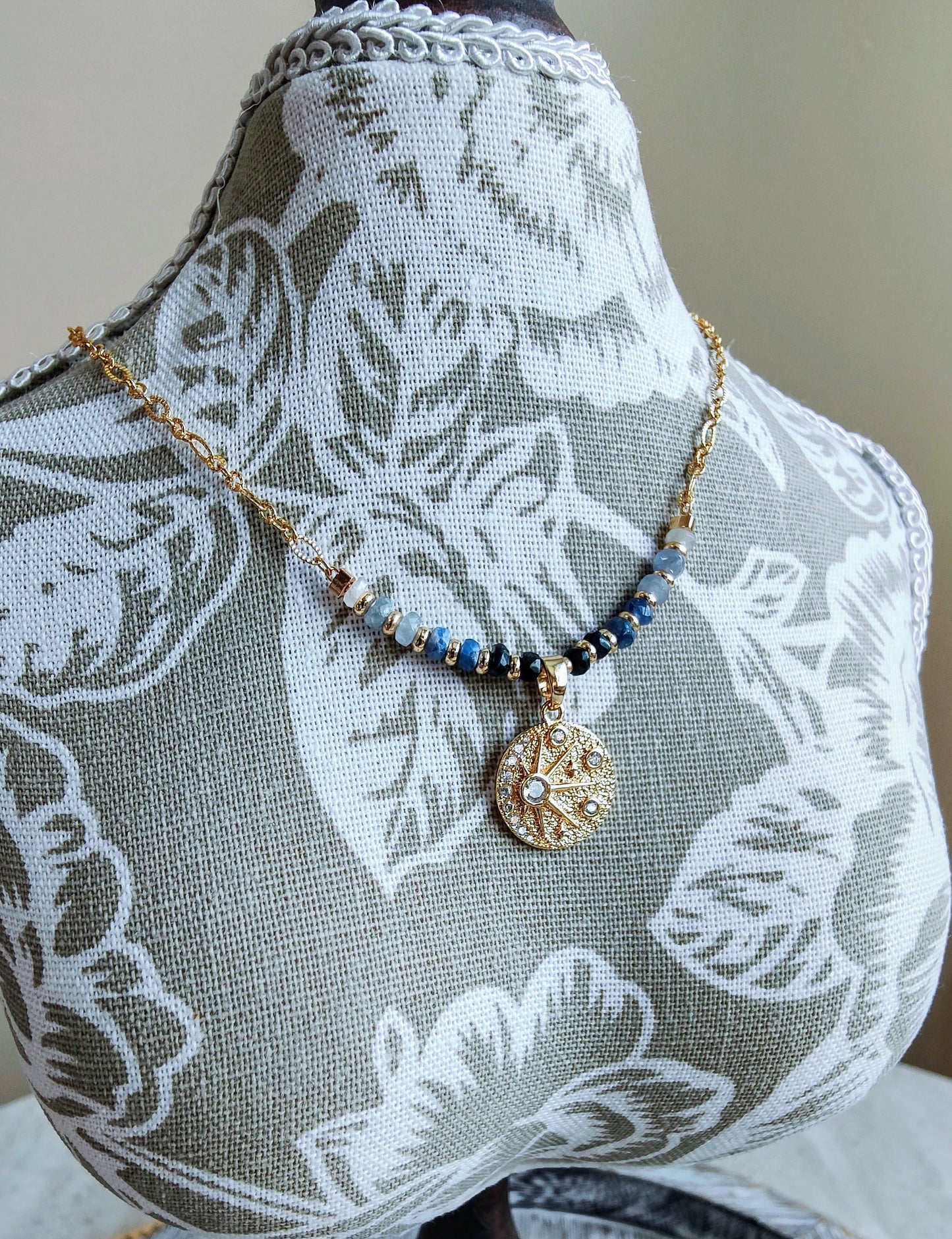 Blue Sapphire 14K Gold Plated Celestial Sun Pendant Necklace
