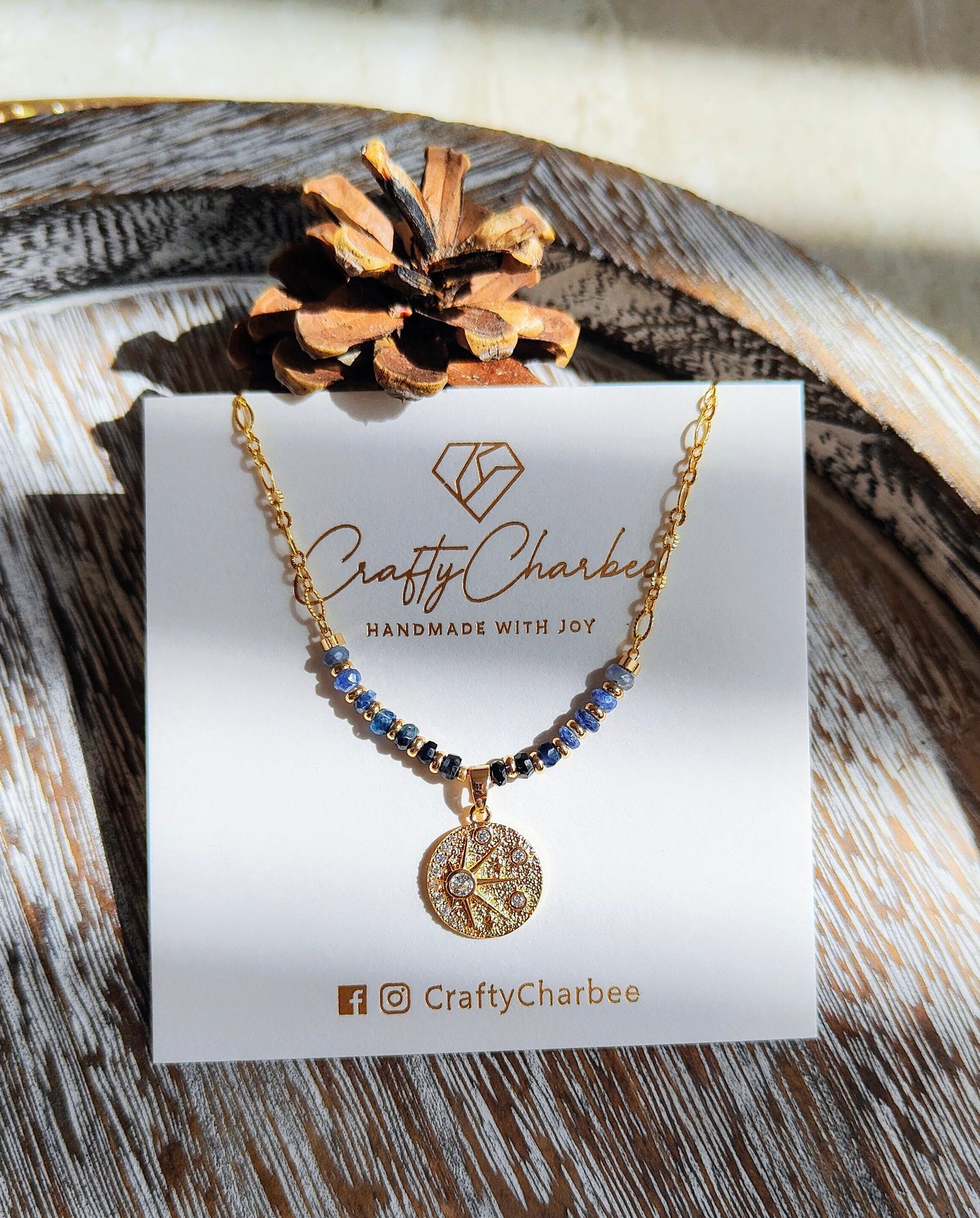 Blue Sapphire 14K Gold Plated Celestial Sun Pendant Necklace