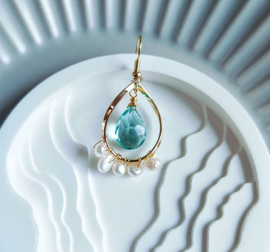 Aquamarine Quartz Freshwater Pearl 14K Gold-plated Metal Frame Earrings