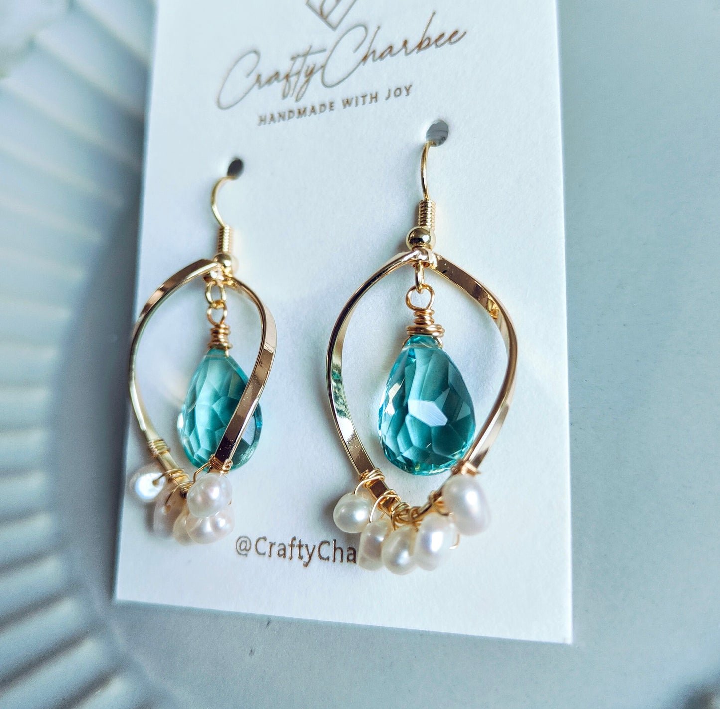 Aquamarine Quartz Freshwater Pearl 14K Gold-plated Metal Frame Earrings