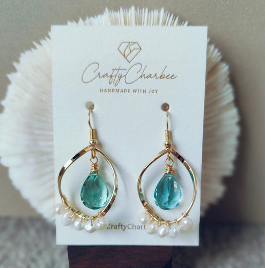 Aquamarine Quartz Freshwater Pearl 14K Gold-plated Metal Frame Earrings