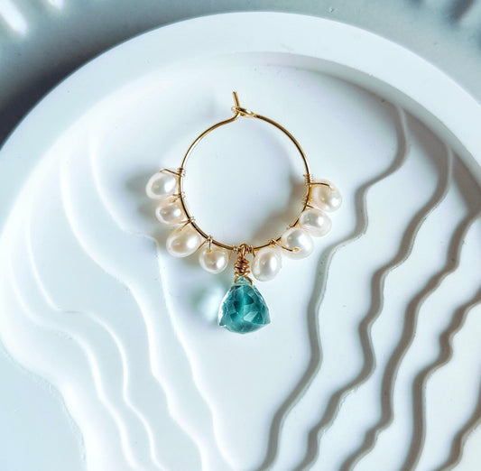 Aquamarine Quartz Drop 14K Gold-plated Loop with Freshwater Pearls Earrings