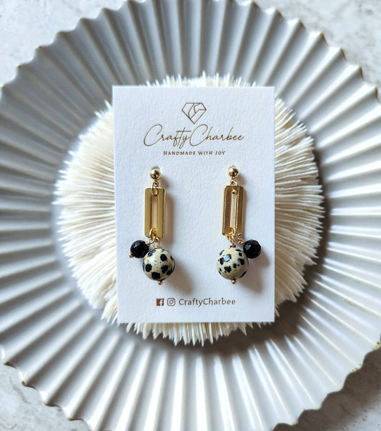 Natural Dalmatian Black Onyx 14K Gold Plated Earrings
