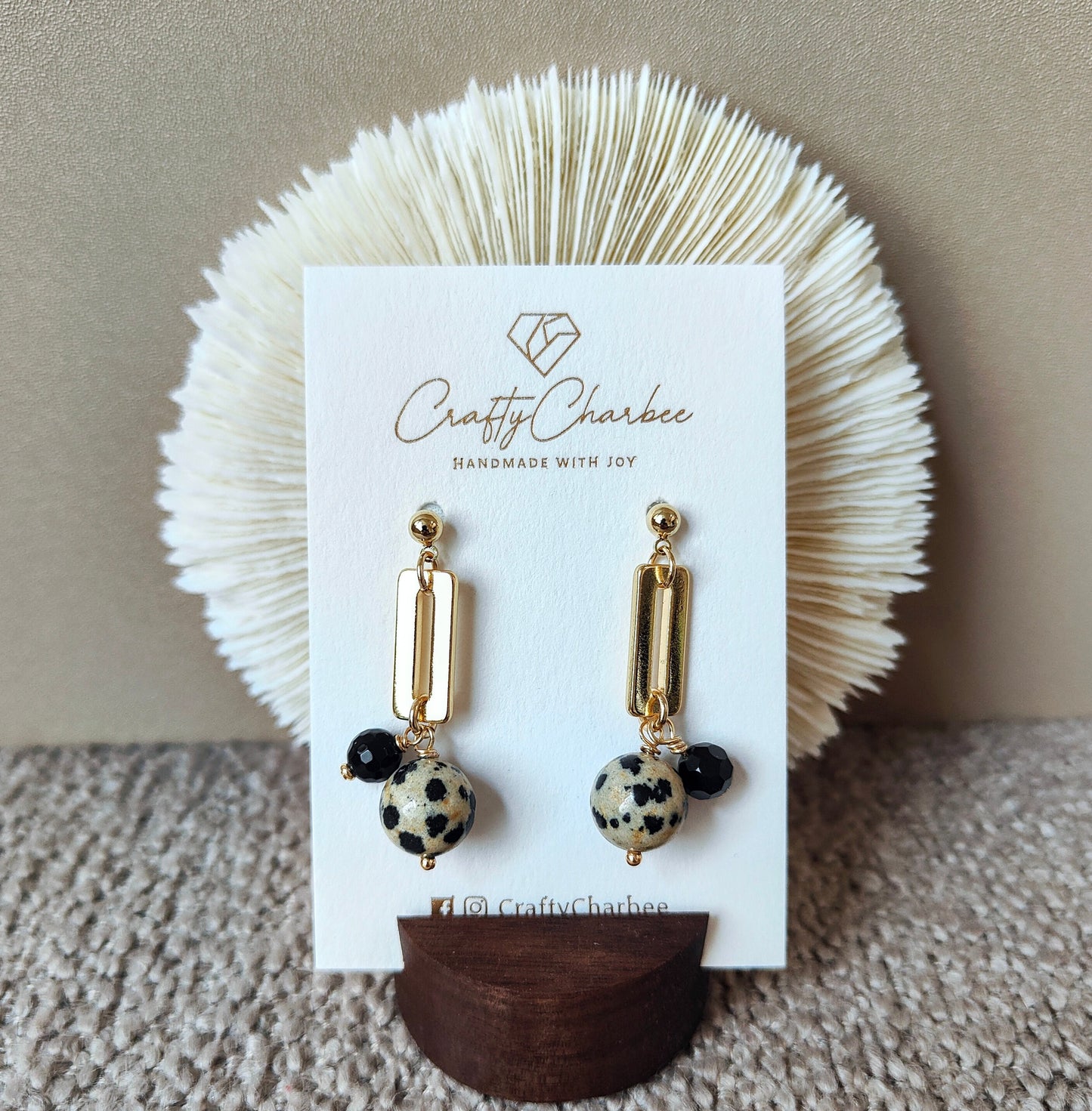 Natural Dalmatian Black Onyx 14K Gold Plated Earrings
