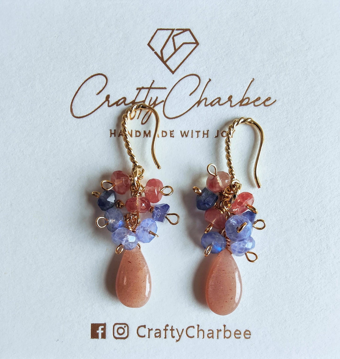 Peach Moonstone Tanzanite 14K Gold Plated Dangle  Earrings