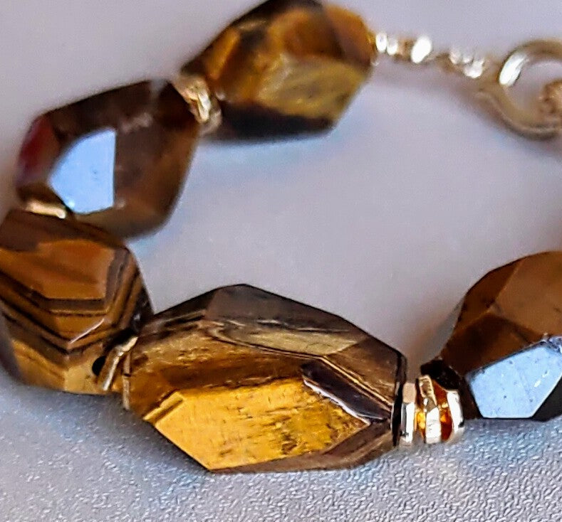 Natural Tiger Eye Stone Bracelet, 14K Gold Plated Clasp