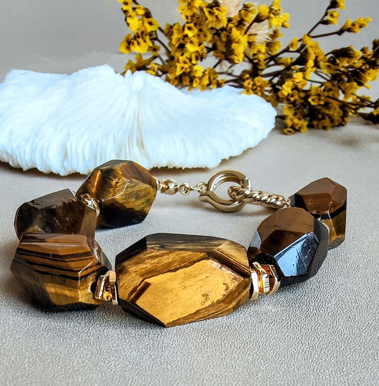 Natural Tiger Eye Stone Bracelet, 14K Gold Plated Clasp