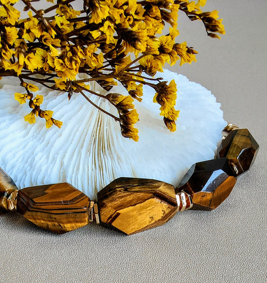 Natural Tiger Eye Stone Bracelet, 14K Gold Plated Clasp