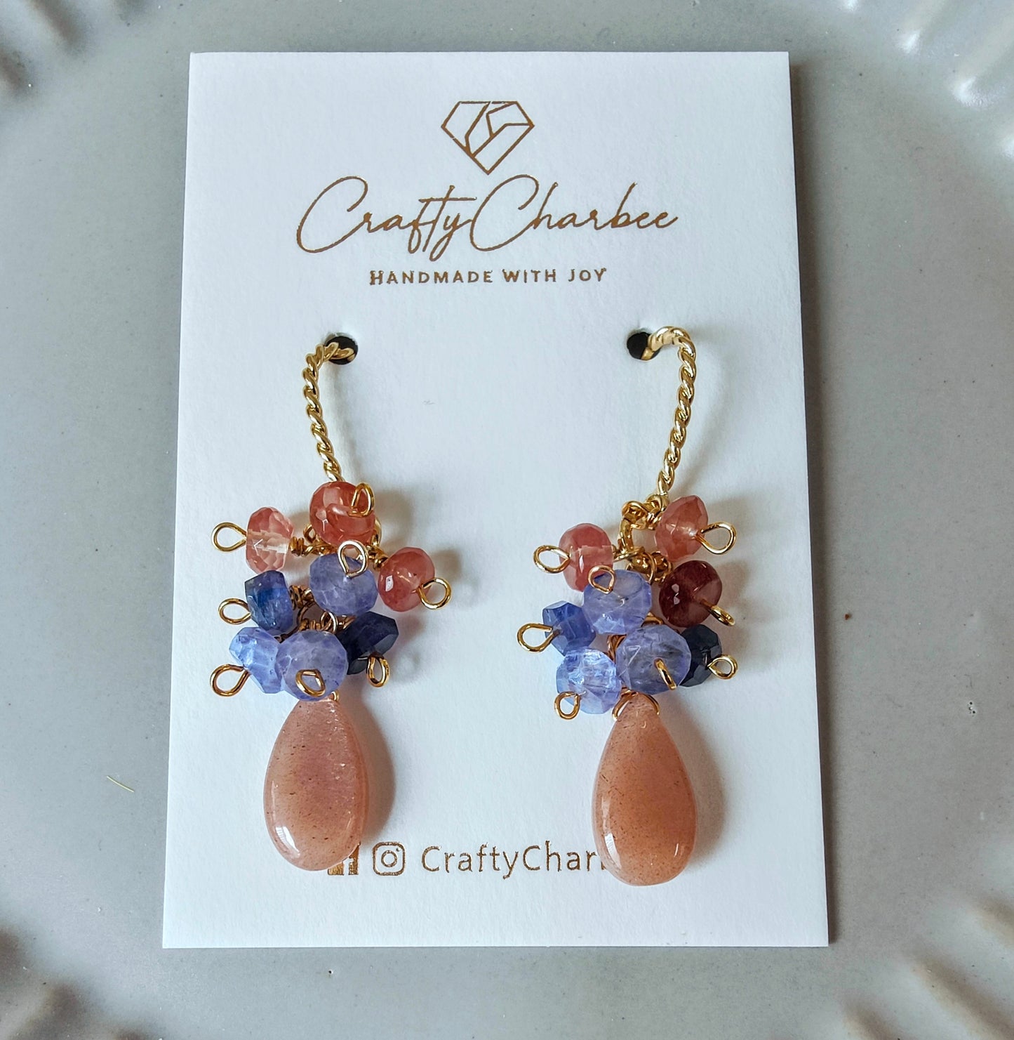 Peach Moonstone Tanzanite 14K Gold Plated Dangle  Earrings