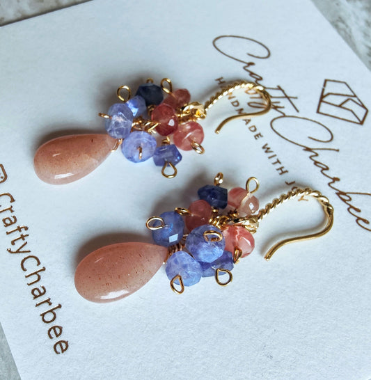Peach Moonstone Tanzanite 14K Gold Plated Dangle  Earrings