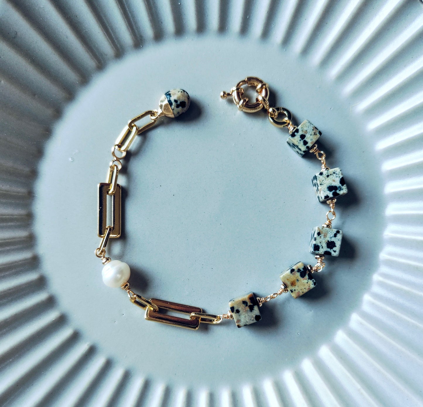 Natural Dalmatian Jasper & Freshwater Pearl 14K Gold Plated Bracelet, Cookie & Cream Collection