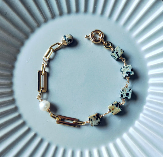Natural Dalmatian Jasper & Freshwater Pearl 14K Gold Plated Bracelet, Cookie & Cream Collection