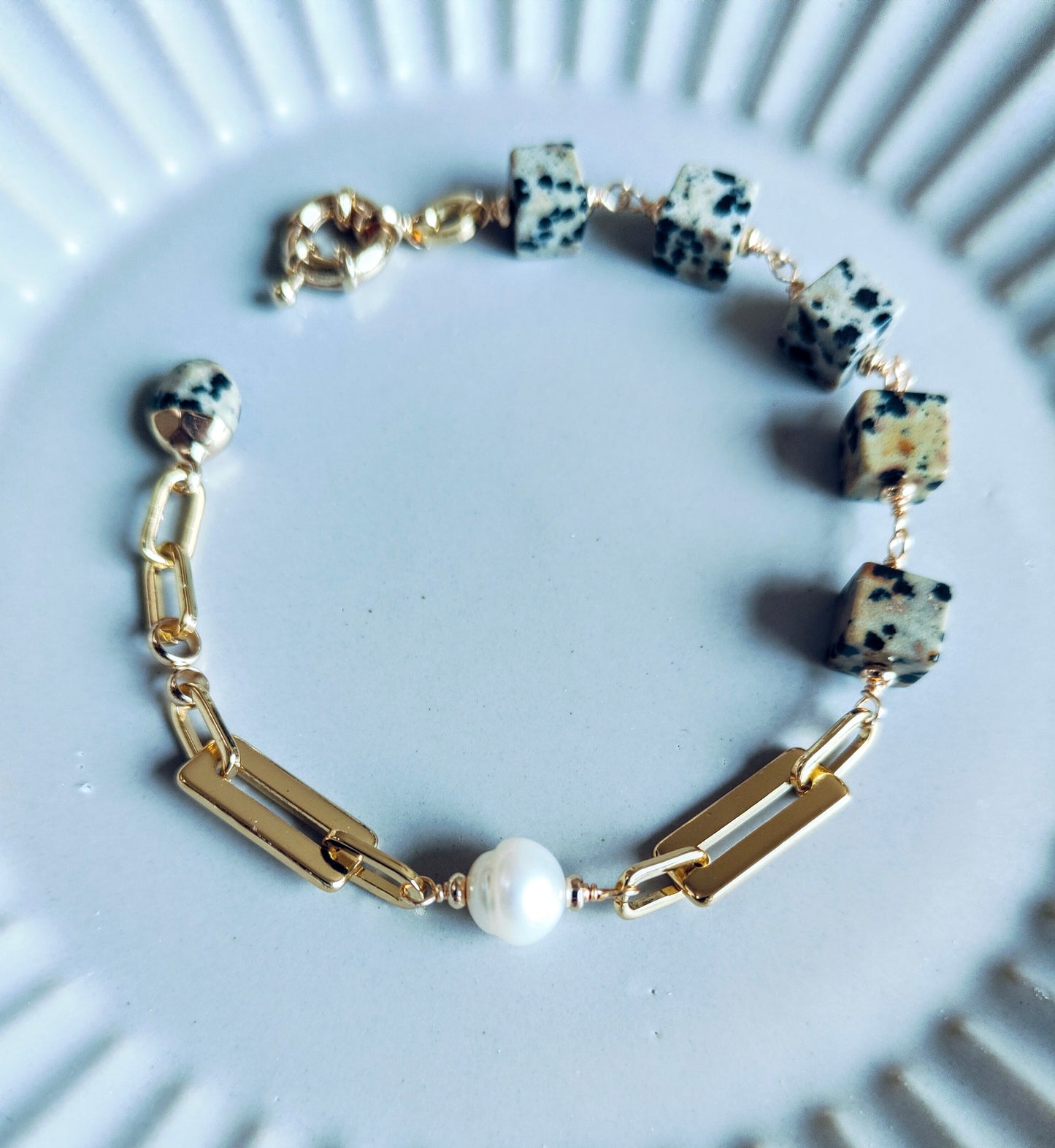 Natural Dalmatian Jasper & Freshwater Pearl 14K Gold Plated Bracelet, Cookie & Cream Collection