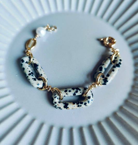 Natural Dalmatian Jasper Loop & Freshwater Pearl 14K Gold Plated Bracelet, Cookie & Cream Collection