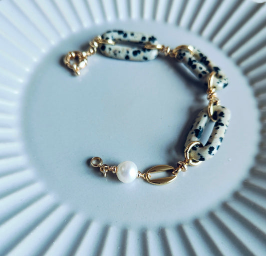 Natural Dalmatian Jasper Loop & Freshwater Pearl 14K Gold Plated Bracelet, Cookie & Cream Collection