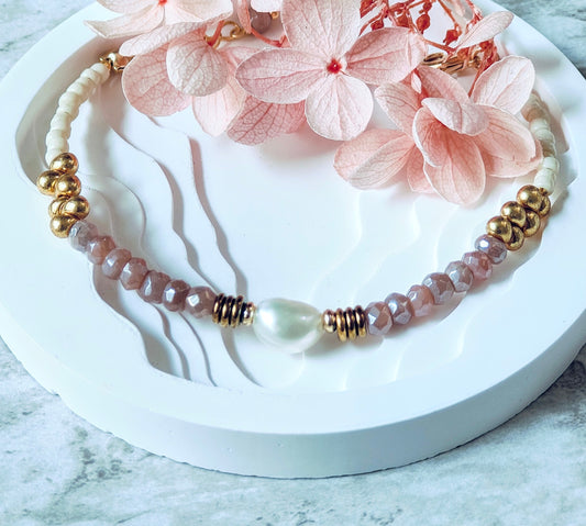 Natural Peachy Moonstone and Baroque Pearl Bracelet, Pebble & Pearl Collection