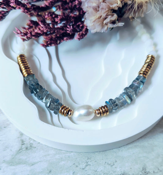 Natural Grey Labradorite and Baroque Pearl Bracelet, Pebble & Pearl