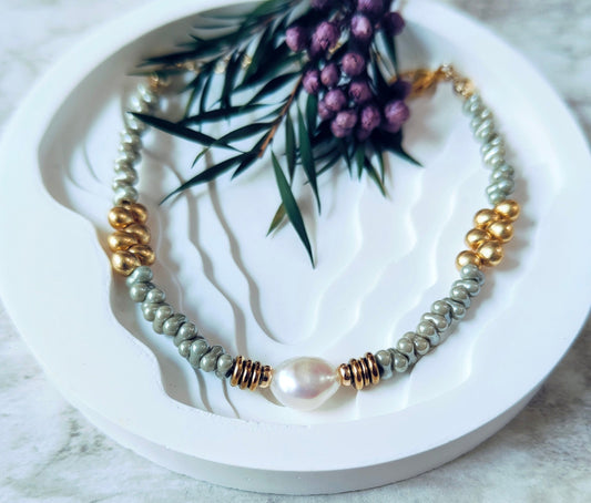 Ash Pebble Bead and Baroque Pearl Bracelet, Pebble & Pearl