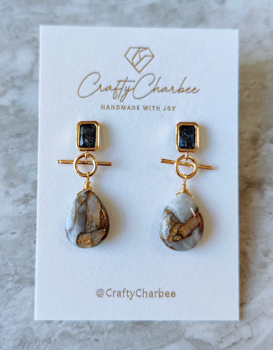 Natural Copper Calcite Stone 14K Gold-Plated Earrings (Black or Clear Glass Stud)