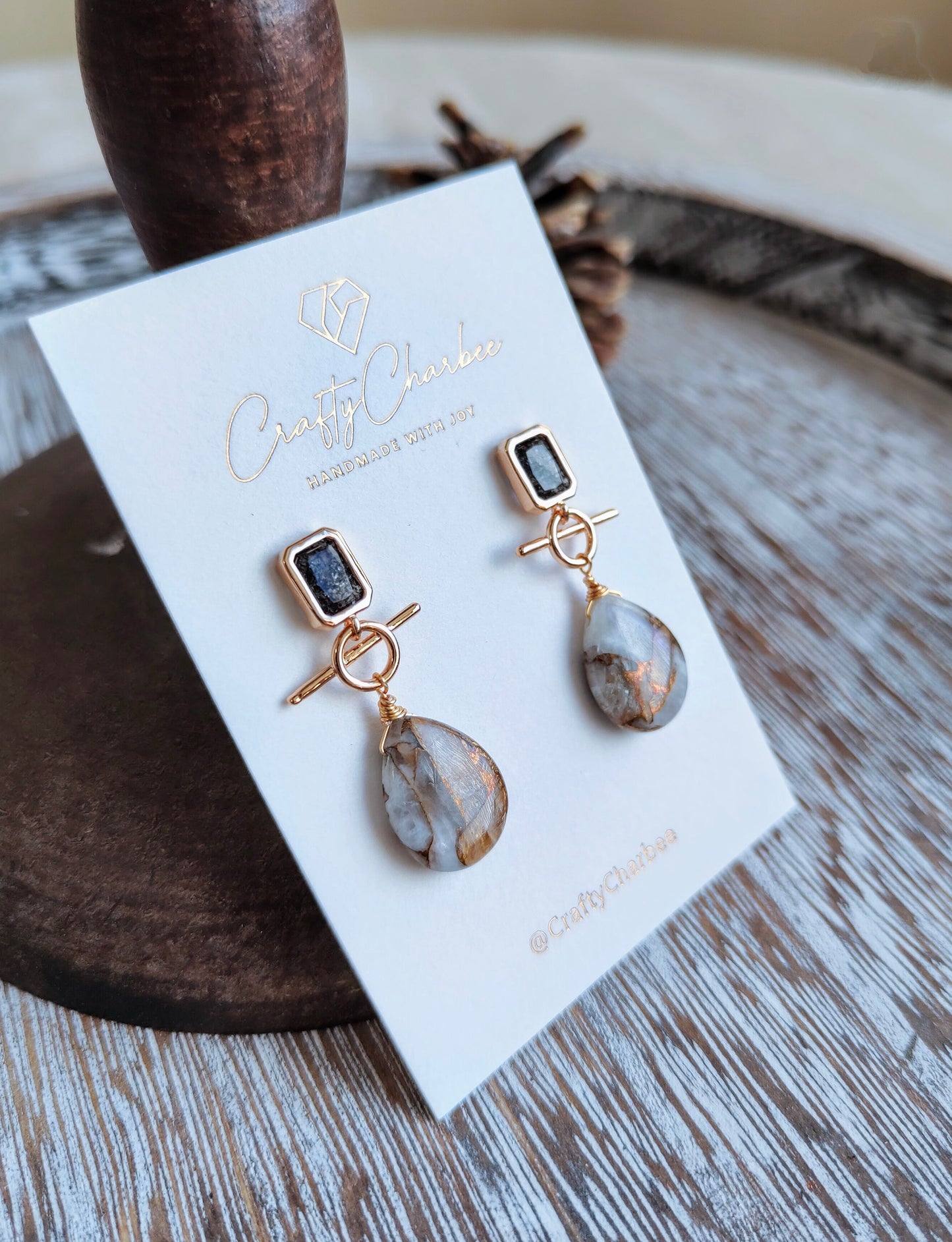 Natural Copper Calcite Stone 14K Gold-Plated Earrings (Black or Clear Glass Stud)