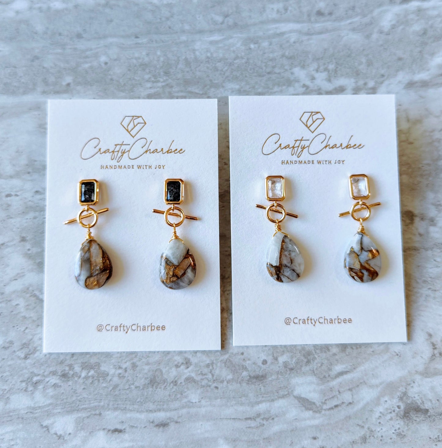 Natural Copper Calcite Stone 14K Gold-Plated Earrings (Black or Clear Glass Stud)