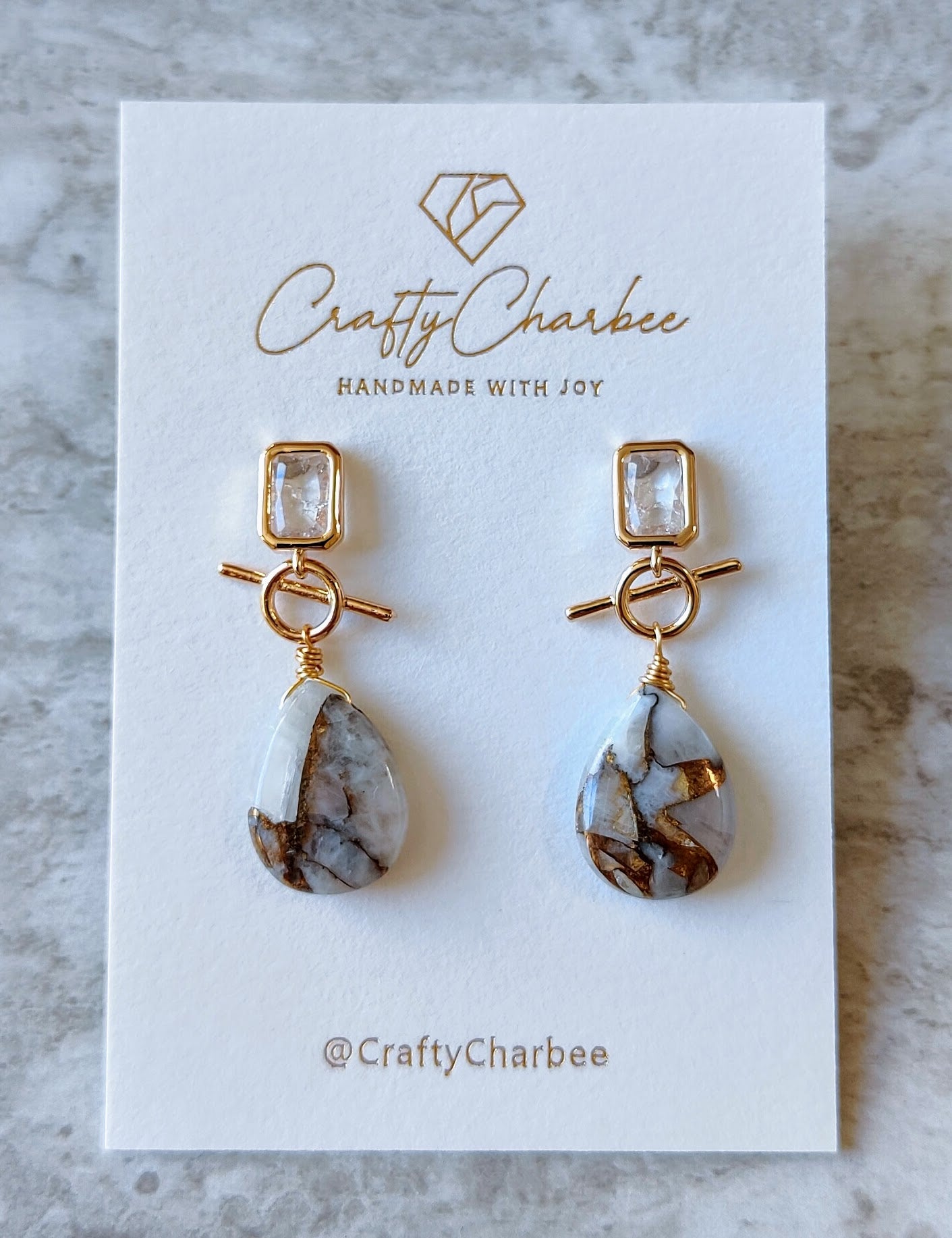 Natural Copper Calcite Stone 14K Gold-Plated Earrings (Black or Clear Glass Stud)