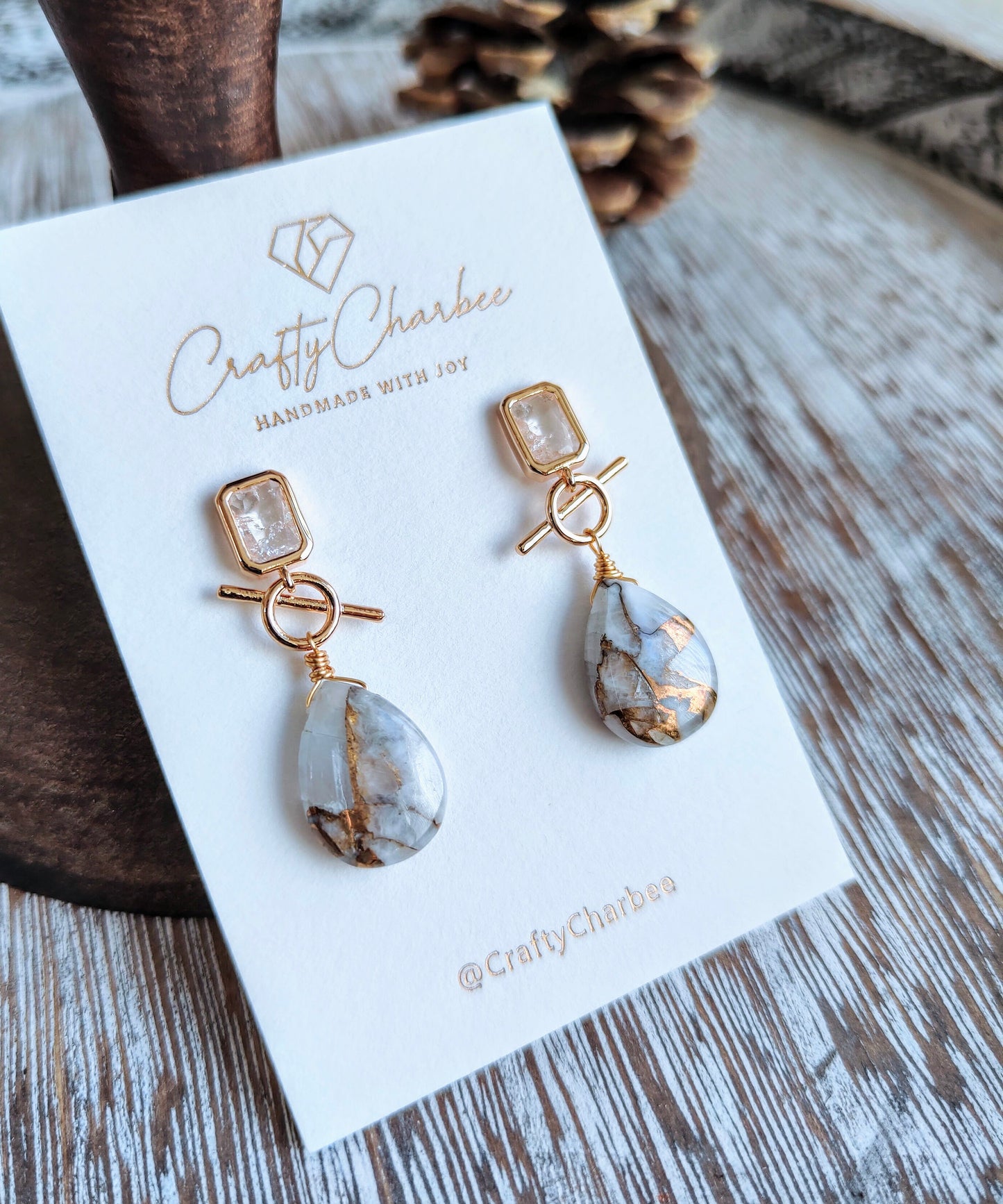 Natural Copper Calcite Stone 14K Gold-Plated Earrings (Black or Clear Glass Stud)