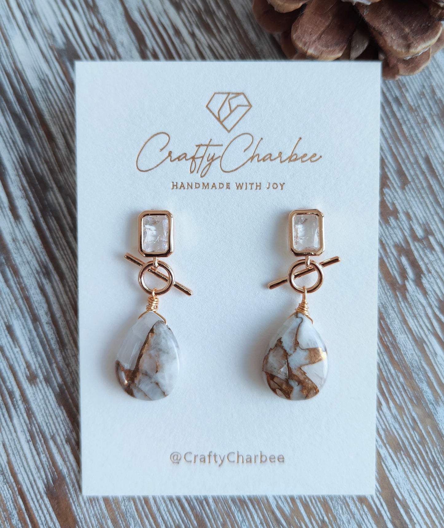Natural Copper Calcite Stone 14K Gold-Plated Earrings (Black or Clear Glass Stud)