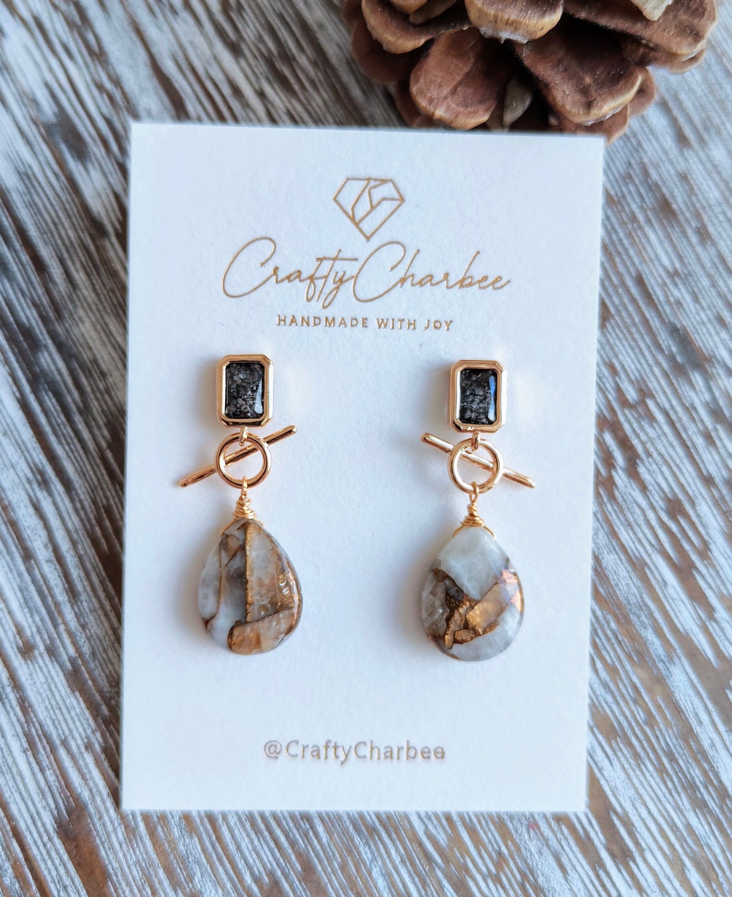 Natural Copper Calcite Stone 14K Gold-Plated Earrings (Black or Clear Glass Stud)
