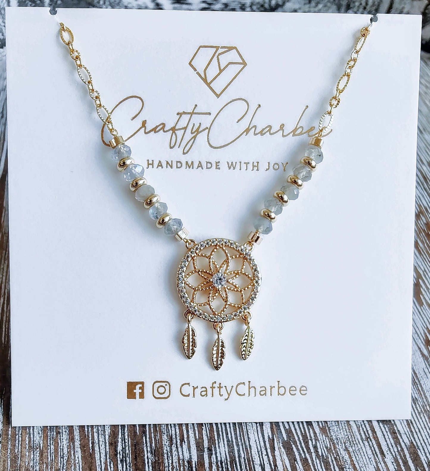 Mystic Labradorite Stone & Rhinestone Dream Catcher 14K Gold Plated Pendant Necklace