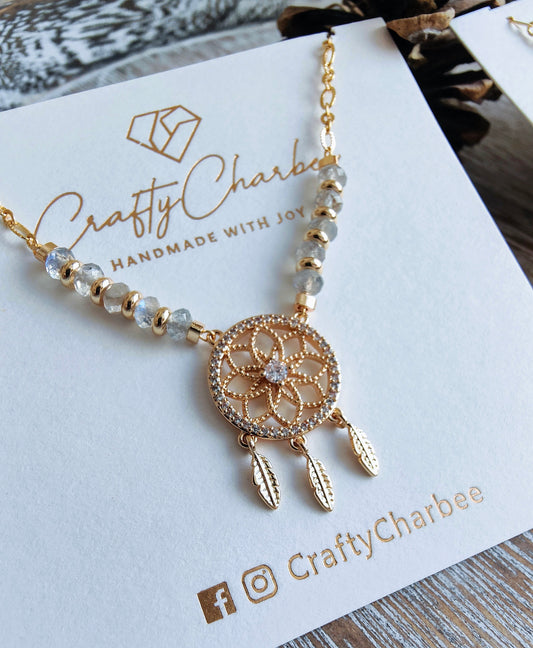 Mystic Labradorite Stone & Rhinestone Dream Catcher 14K Gold Plated Pendant Necklace