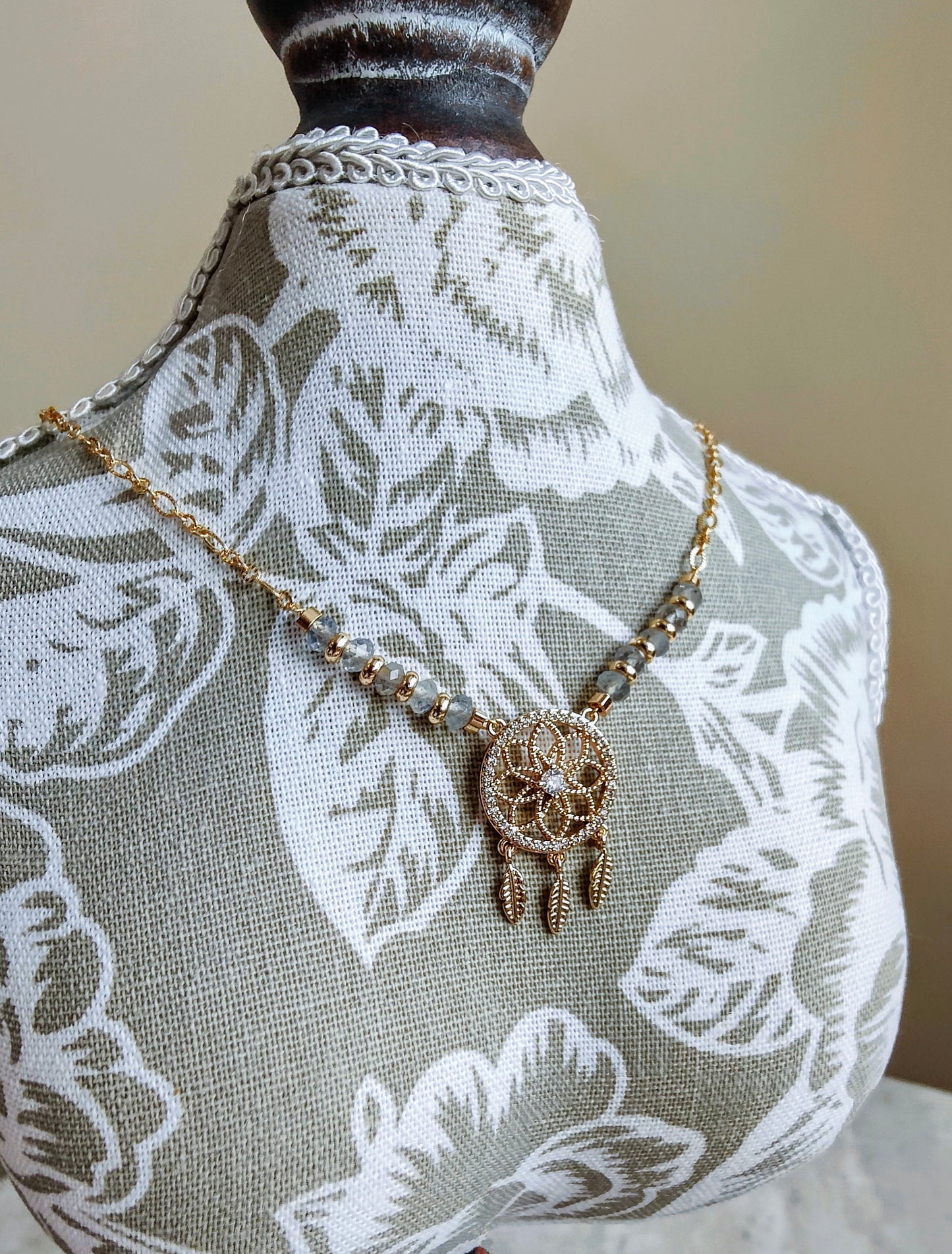 Mystic Labradorite Stone & Rhinestone Dream Catcher 14K Gold Plated Pendant Necklace