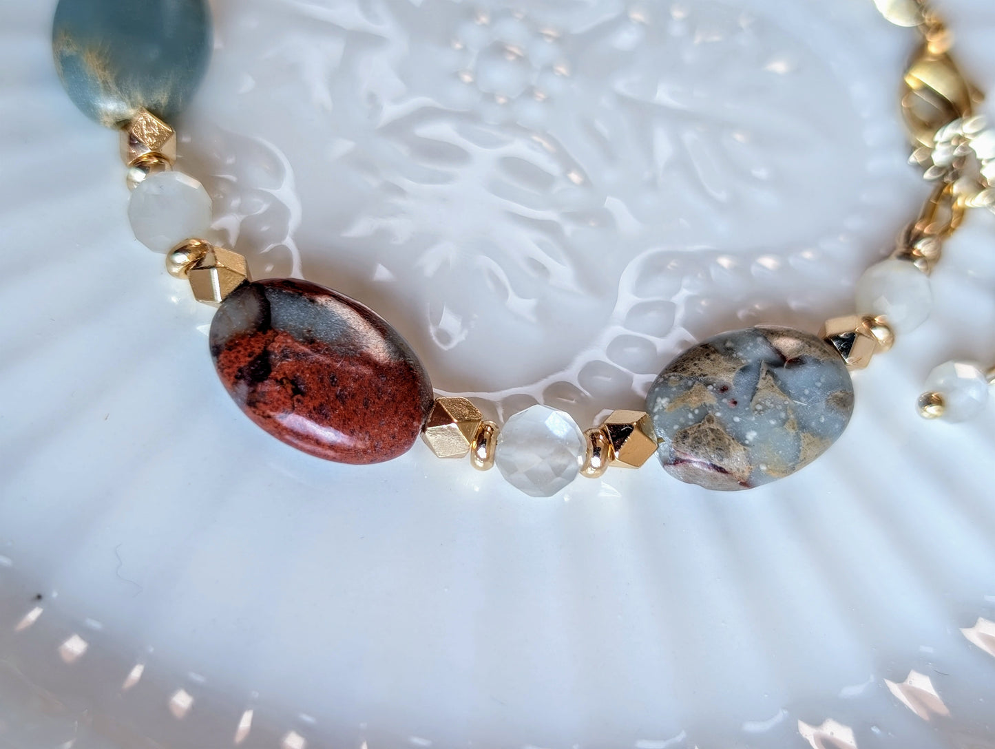 Natural Pagodite Stone White Moonstone 14K Gold Plated Beads Bracelet