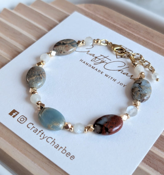 Natural Pagodite Stone White Moonstone 14K Gold Plated Beads Bracelet