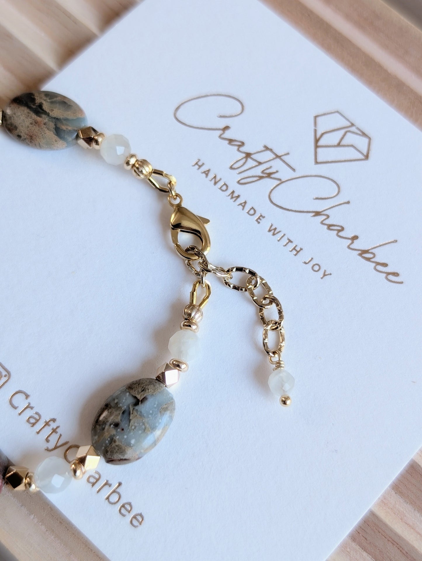 Natural Pagodite Stone White Moonstone 14K Gold Plated Beads Bracelet