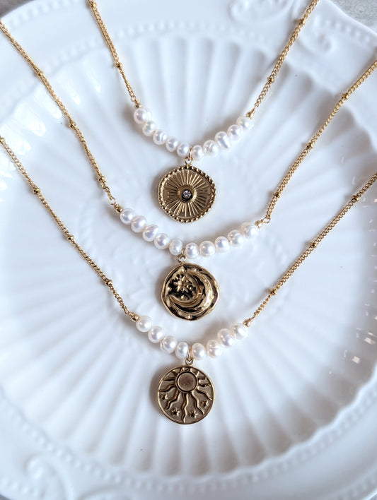 14K Gold Plated Necklace with Freshwater Pearls and Gold Coin Pendant