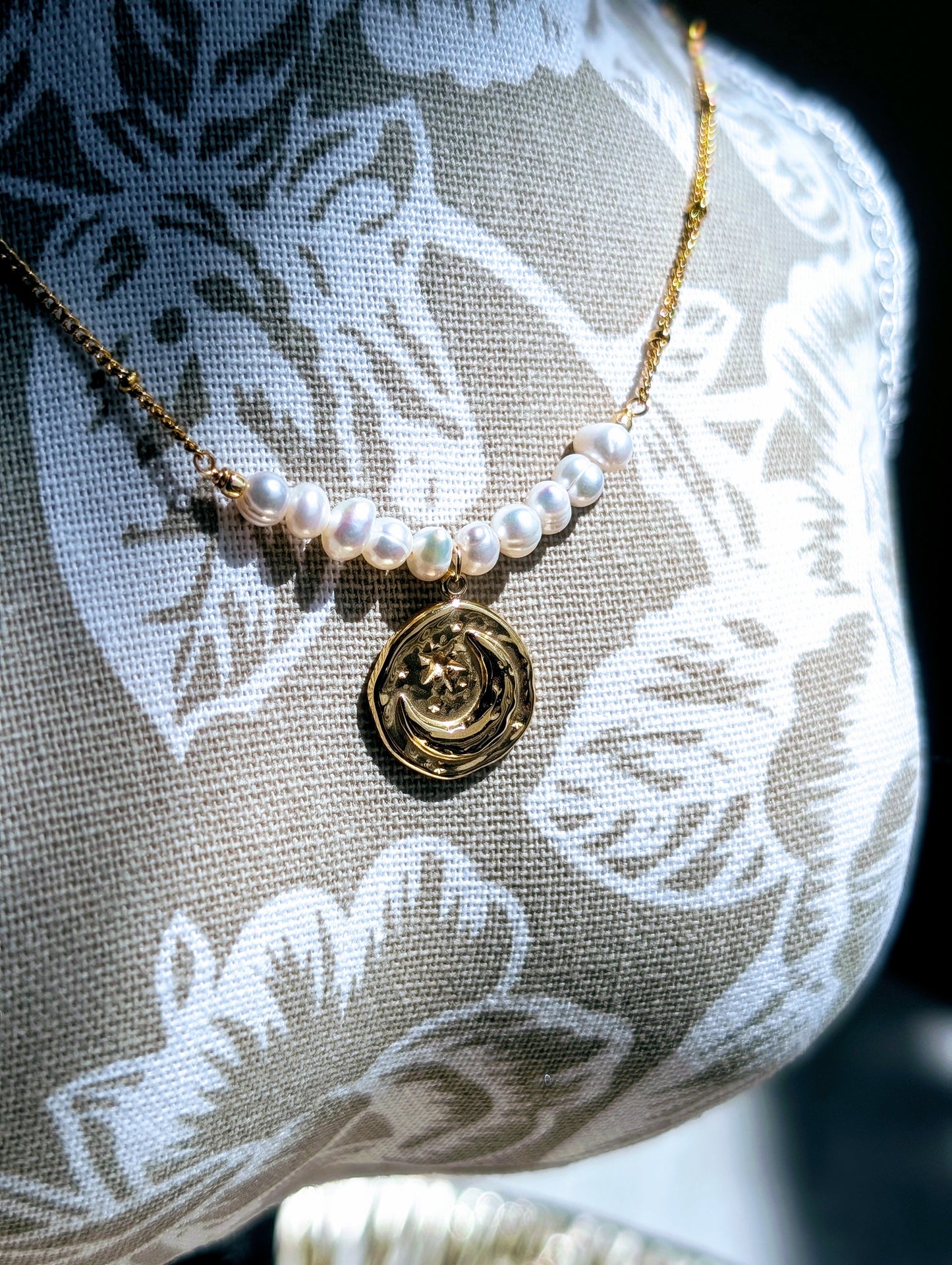 14K Gold Plated Necklace with Freshwater Pearls and Gold Coin Pendant