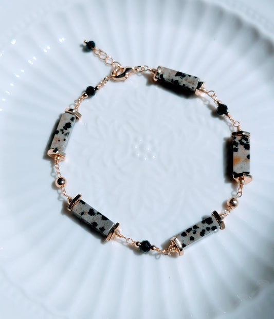 Natural Dalmatian Jasper 14K Gold Plated Bracelet, Cookie & Cream Collection